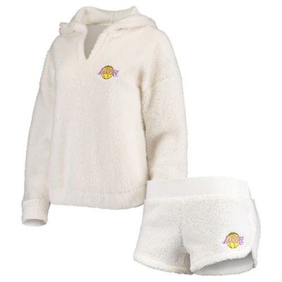 CONCEPTS SPORT Women's Concepts Sport Cream Los Angeles Lakers Fluffy Long Sleeve Hoodie Top & Shorts Sleep Set 
