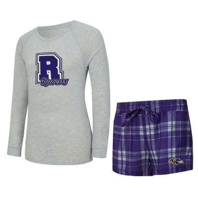CONCEPTS SPORT Women's Concepts Sport Heather Gray/Purple Baltimore Ravens Regulate Plaid Long-Sleeve T-Shirt & Shorts Sleep Set 