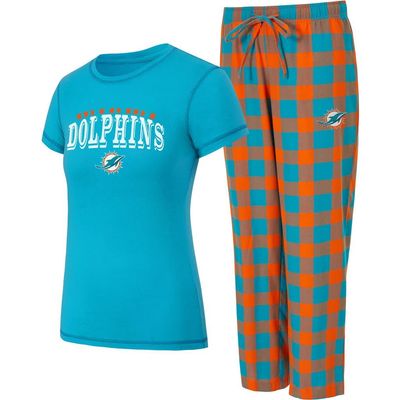 CONCEPTS SPORT Women's Concepts Sport Aqua/Orange Miami Dolphins Avondale T-Shirt & Pants Flannel PJ Set 
