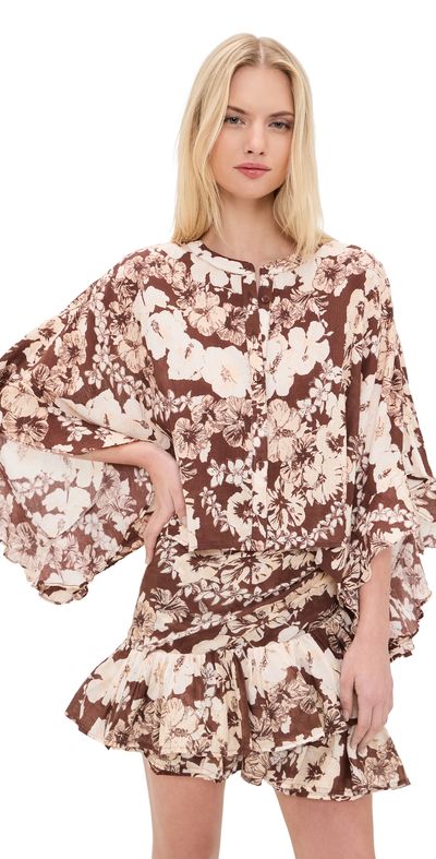 Coniglio Palm Beach Coniglio Palm Beach Button Front Scarf Top Hibiscus Tropical Coconut One