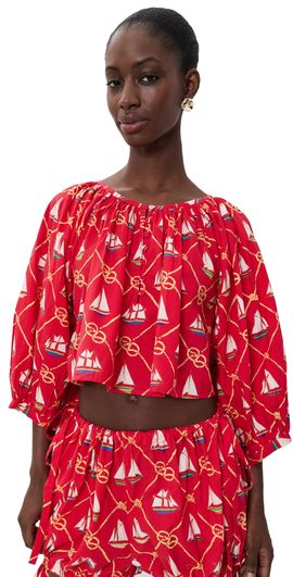 Coniglio Palm Beach Coniglio Palm Beach Cropped Shirred Half Placket Blouse SAILING KNOTS CAPTAIN RED One