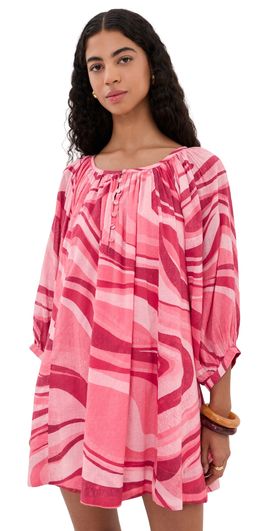 Coniglio Palm Beach Coniglio Palm Beach Shirred Half Placket Mini Dress Sunrays Sunset Waves One