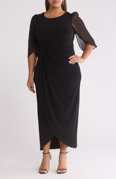 Connected Apparel Connected Apparel Cape Sleeve Faux Wrap Dress
