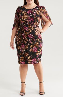 Connected Apparel Connected Apparel Floral Chiffon Sleeve Faux Wrap Dress