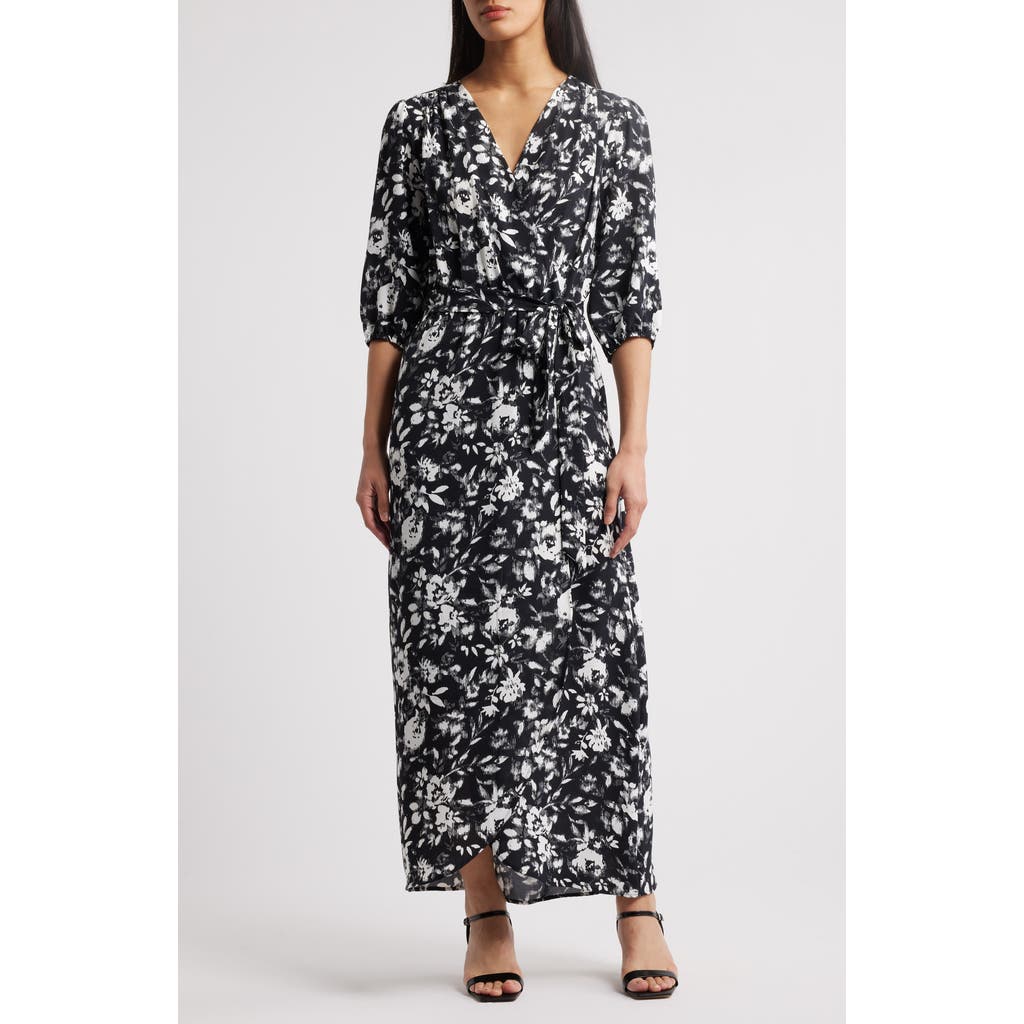 Connected Apparel Connected Apparel Puff Sleeve Faux Wrap Maxi Dress