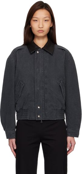 COOR COOR Navy Leather Collar Washed Cationized Bomber Jacket