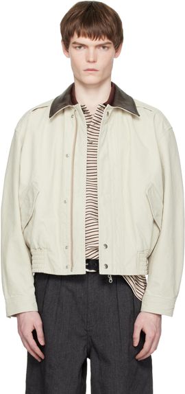 COOR COOR Off-White Leather Collar Washed Cationized Bomber Jacket