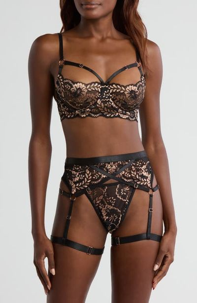 Coquette Coquette Strappy Underwire Bra, Thong & Garter Belt Set