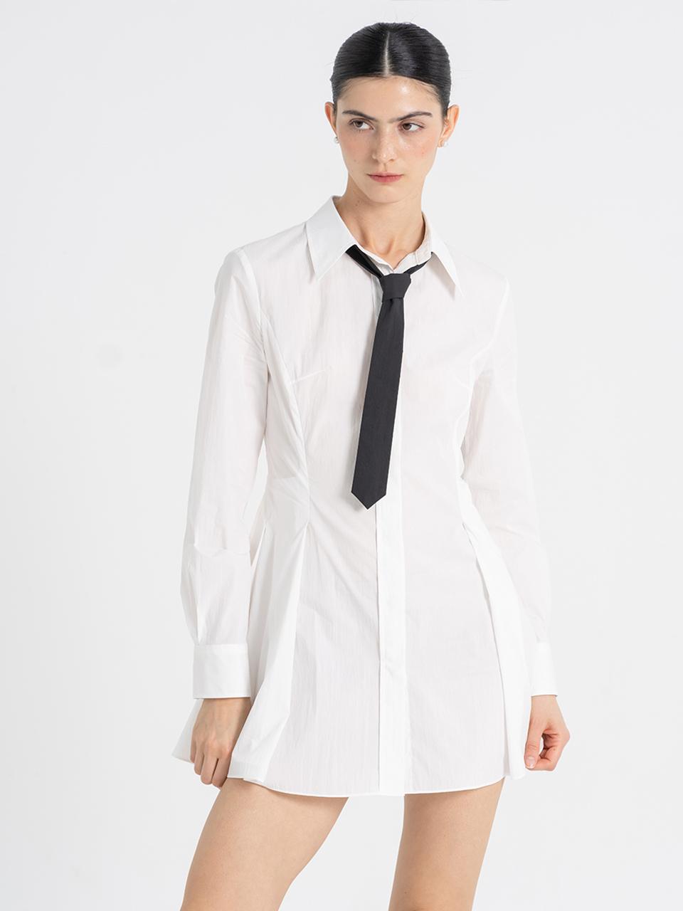 cordinary Curve Pleats Tie Mini Dress [White]
