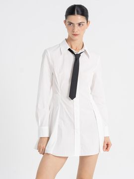 cordinary Curve Pleats Tie Mini Dress [White]