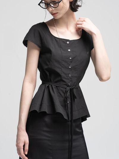 cordinary Lace Cap Sleeve Unbalanced Blouse [Black]