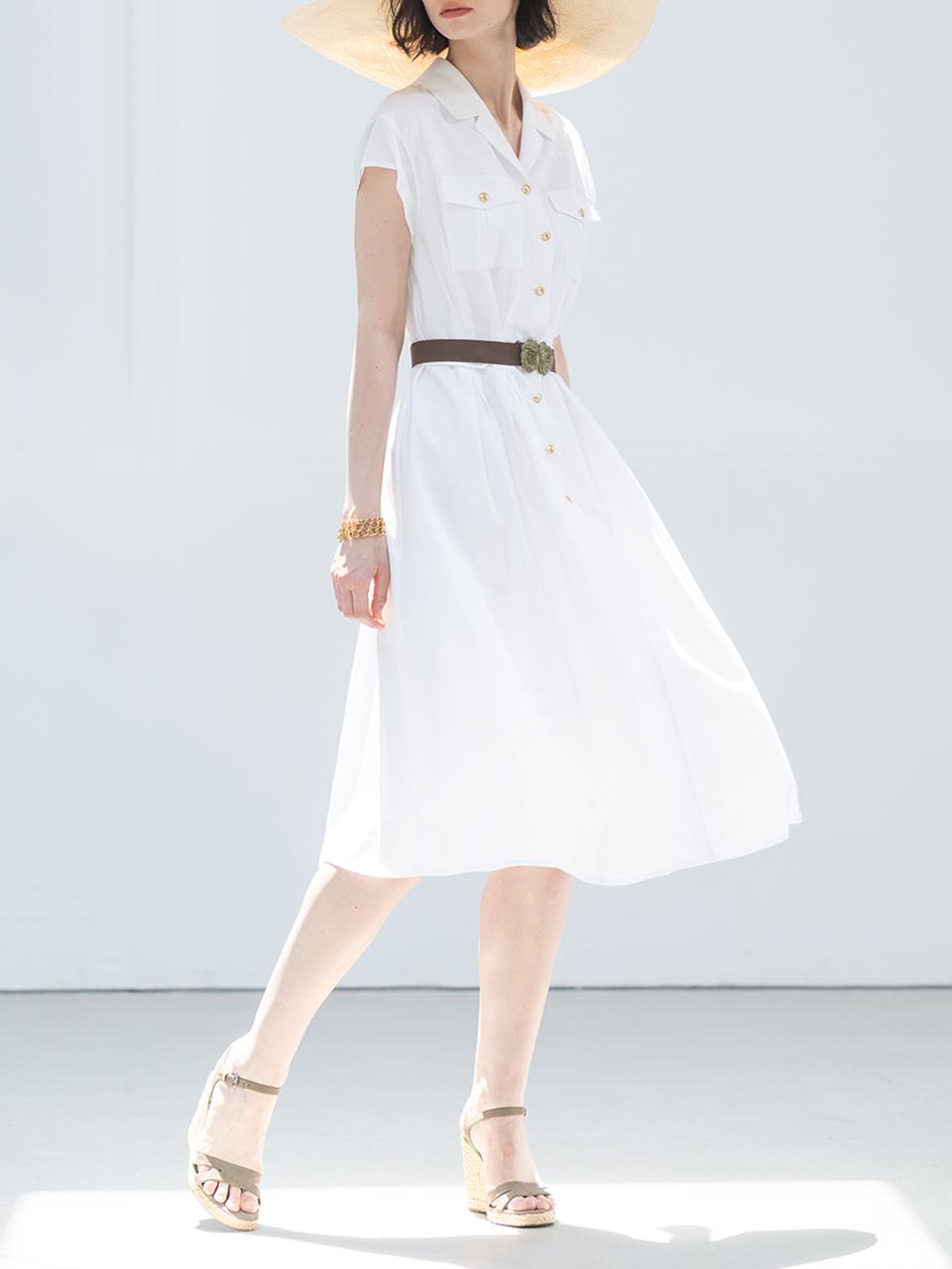 cordinary Open Collar Gold Button Pointed Dress [WHITE]