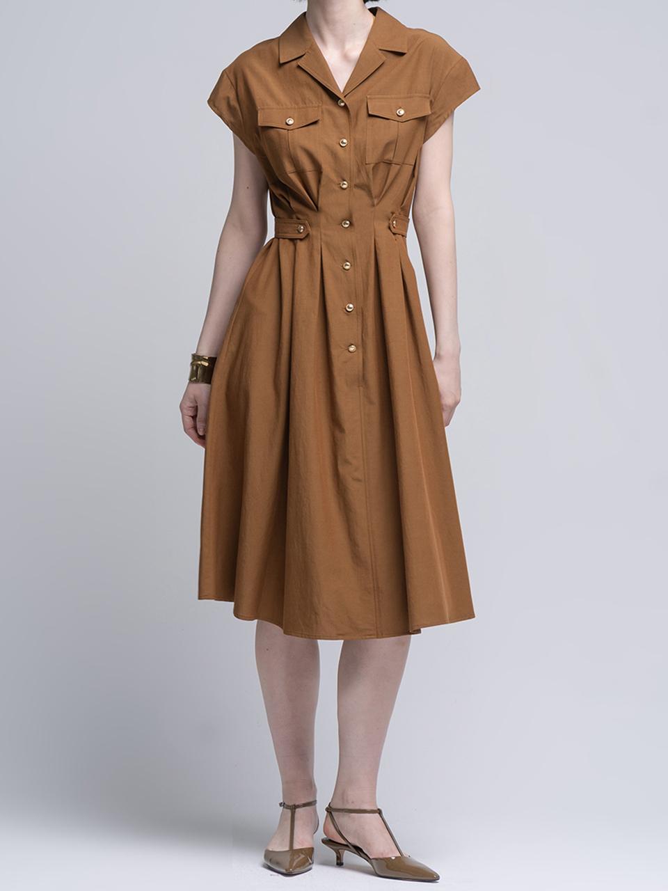 cordinary Open Collar Gold Button Pointed Maxi Dress [BROWN]