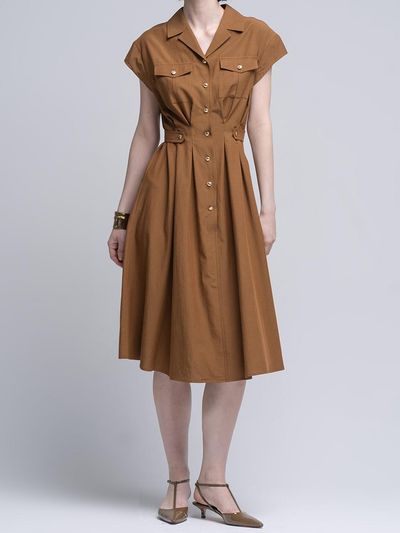 cordinary Open Collar Gold Button Pointed Maxi Dress [BROWN]