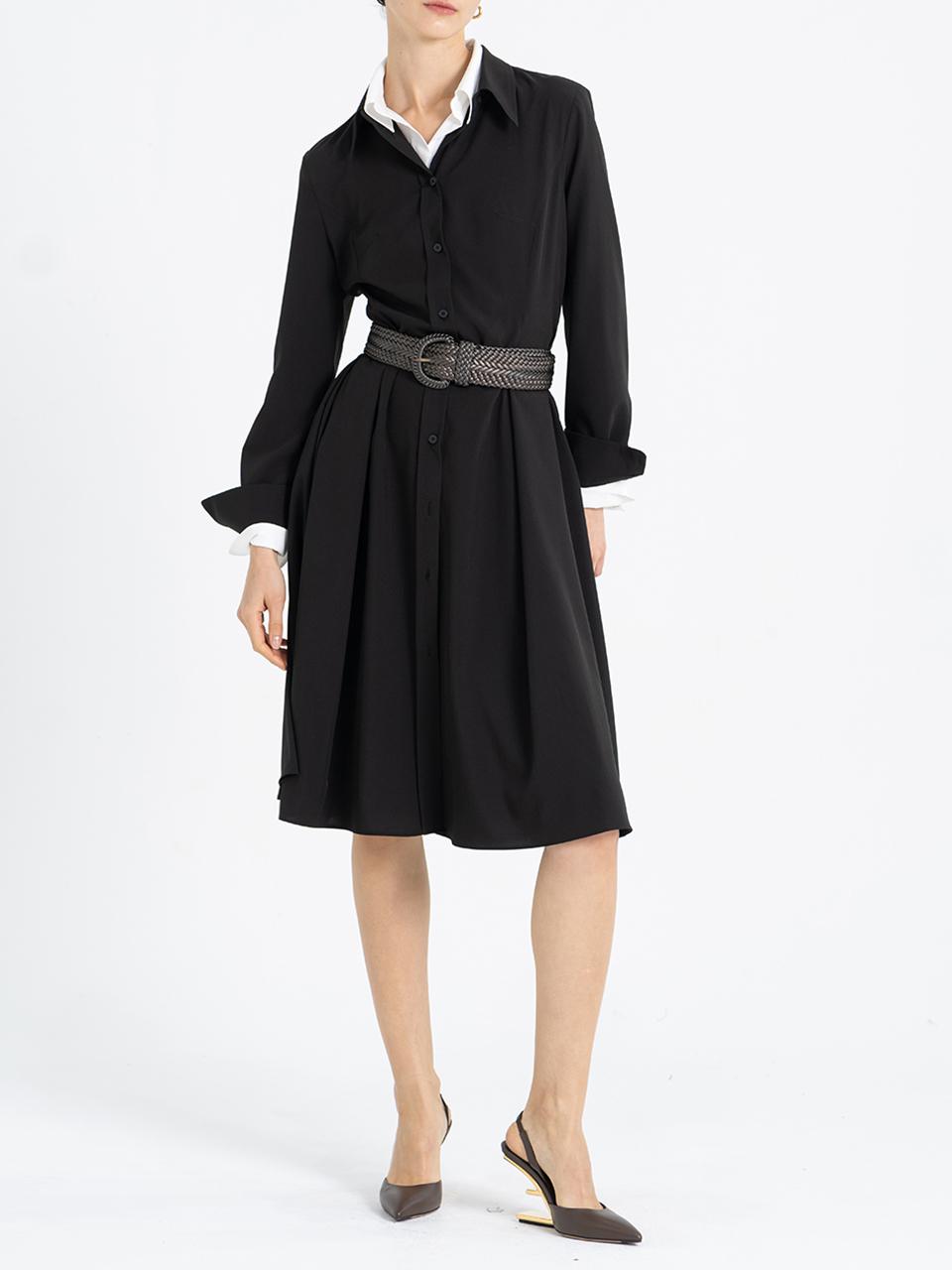 cordinary Pleats Flowing Shirt Dress [Black]
