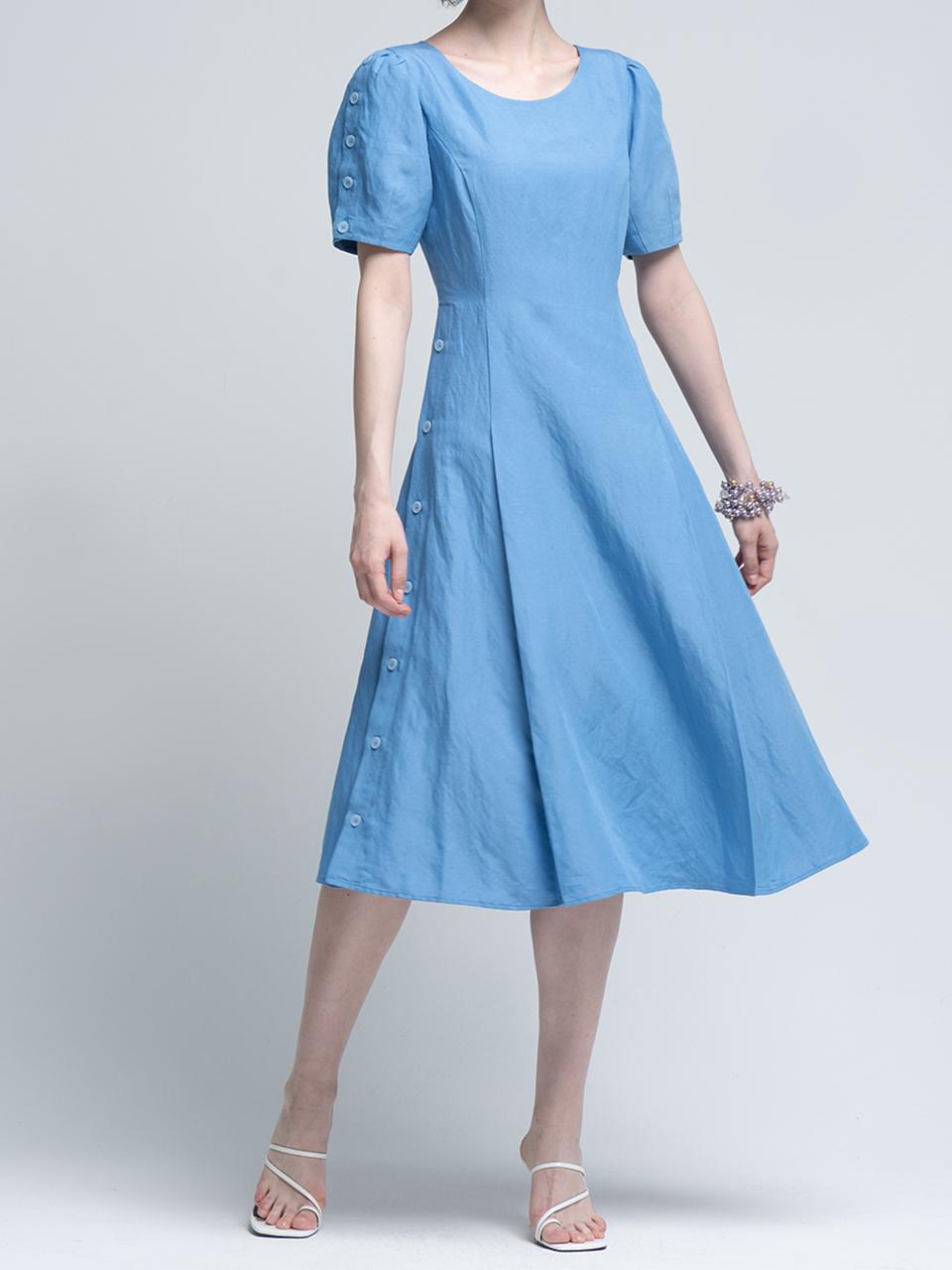 cordinary Side line Multi-buttoned Linen Dress [Blue]