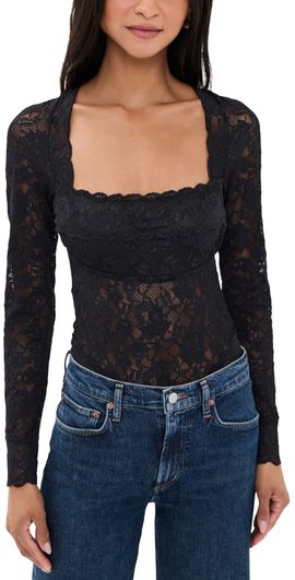Cosabella Cosabella Long Sleeve Lace Teddy Thong Bodysuit Black