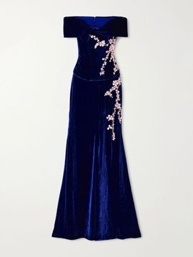 COSTARELLOS Rielle flower-appliqué off-shoulder velvet gown