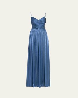 Costarellos Sireen Metallic Georgette Sleeveless Crisscross Gown