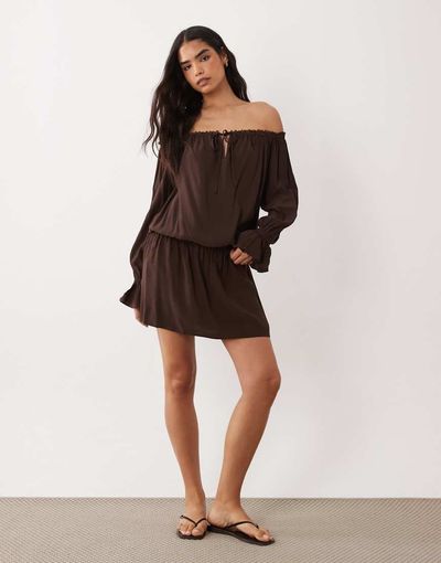 Cotton On Boho Off Shoulder Ruffle Mini Dress In Dark Oak Brown