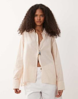 Cotton On Cotton On haven oversized dad shirt linen blend in guava stripe-Neutral