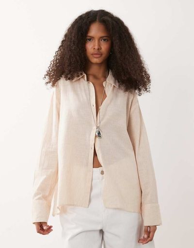Cotton On Cotton On haven oversized dad shirt linen blend in guava stripe-Neutral