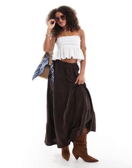 Cotton On Cotton On haven tiered linen blend maxi skirt in dark oak-Brown
