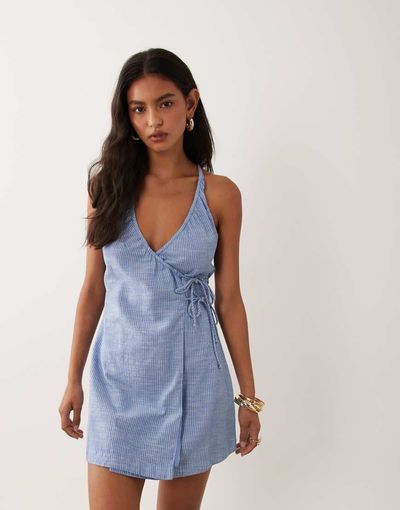 Cotton On Cotton On isabelle wrap halter mini dress in blue pinstripe
