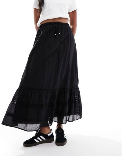 Cotton On Cotton On maxi prairie skirt with lace trim detail in black