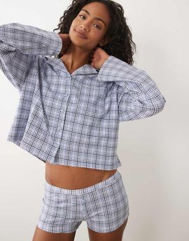 Cotton On Cotton On pajama soft boxy button down shirt with matching shorts in blue micro check-Multi