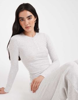 Cotton On Cotton On sleep recovery henley long sleeve top in light gray heather - part of a set