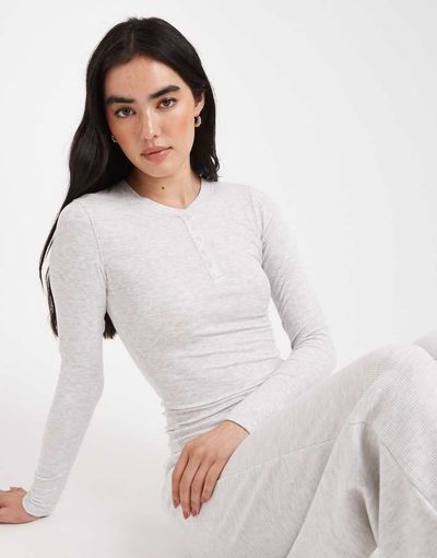 Cotton On Cotton On sleep recovery henley long sleeve top in light gray heather - part of a set