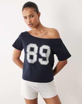 Cotton On Cotton On sporty off the shoulder graphic tee in total eclipse-Navy