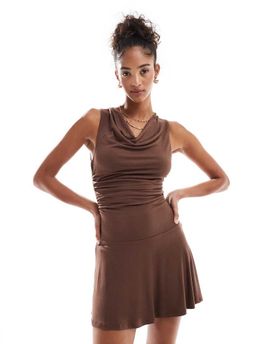 Cotton On Cotton On Sunday cowl neck mini dress in washed mocha-Brown