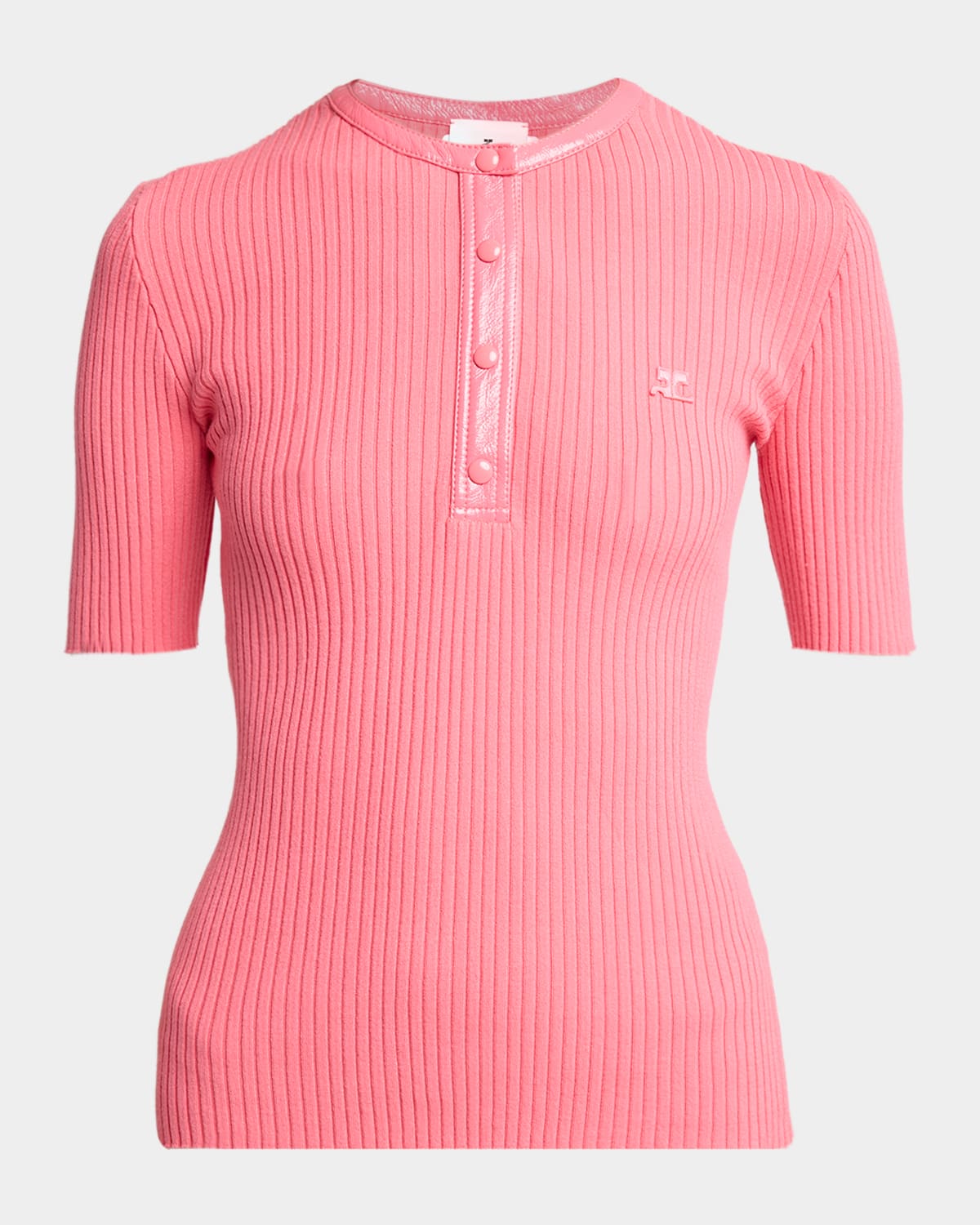 Courreges Vinyl-Trim Short-Sleeve Rib Top