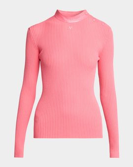 Courreges Vinyl Collar Ribbed Button-Shoulder Long-Sleeve Top