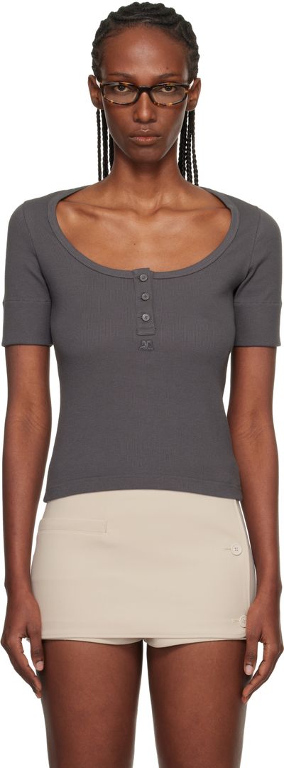 Courrèges Courrèges Gray Buttoned 90's Rib T-shirt