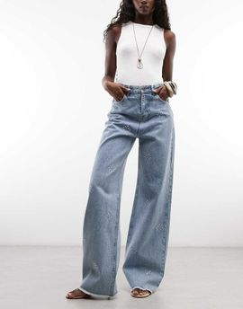 Courtside Courtside baggy wide leg embellished jeans with raw hem in light wash blue