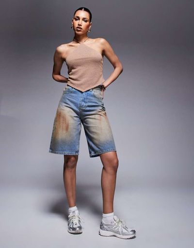 Courtside Courtside carpenter denim jorts in distressed dirty brown wash