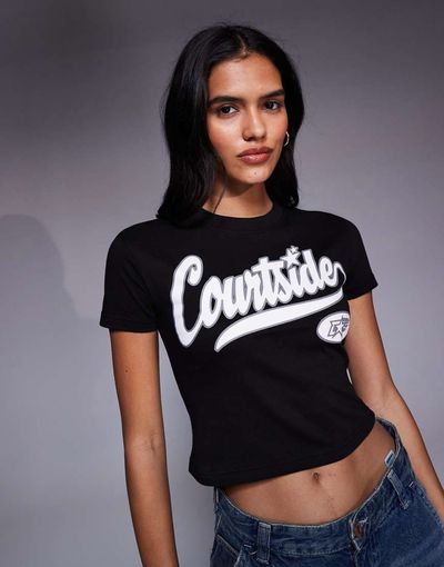Courtside Courtside cropped baby t-shirt in washed black with collegiate logo print