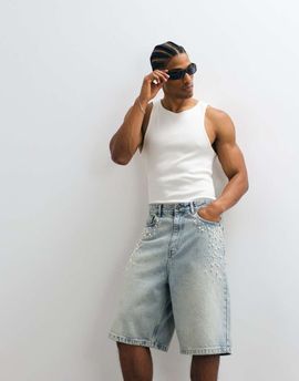 Courtside Courtside denim pearl embellished jorts in light wash blue