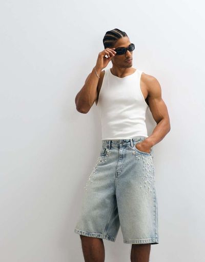 Courtside Courtside denim pearl embellished jorts in light wash blue