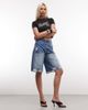 Courtside Courtside distressed embellished rhinestone denim jorts in mid blue wash - 1