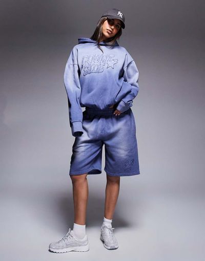 Courtside Courtside logo detail relaxed raw hem shorts in washed blue - part of a set