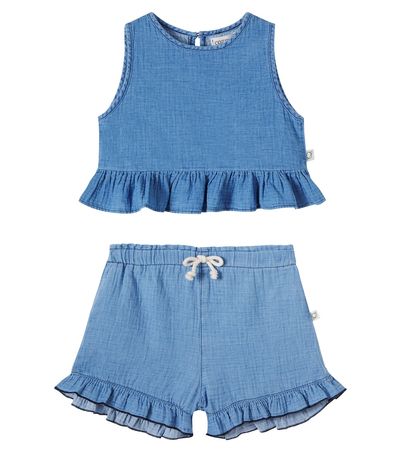 Cozmo Cozmo Blair ruffled cotton chambray top and shorts set