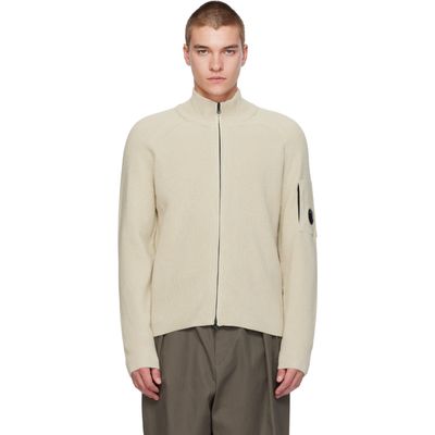 C.P. Company C.P. Company Beige Waffle Knit Cotton Zip Lens Jacket