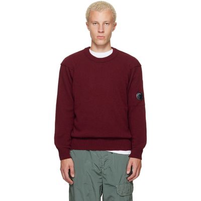 C.P. Company C.P. Company Burgundy Lambswool Lens Crewneck Contrast Sweater