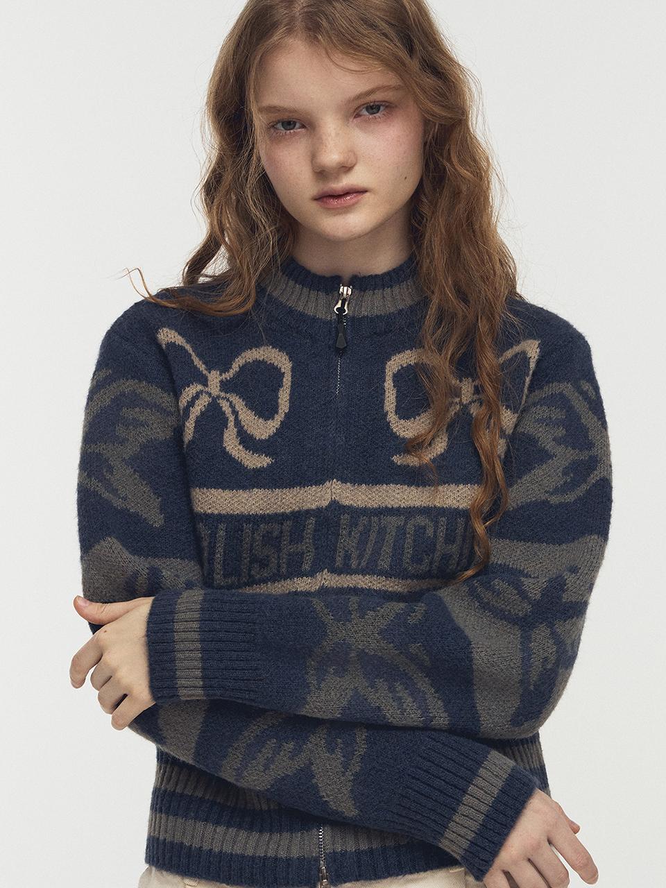 CPGN 2-Way Ribbon Crop Knit Zip-up Jacket [Navy]