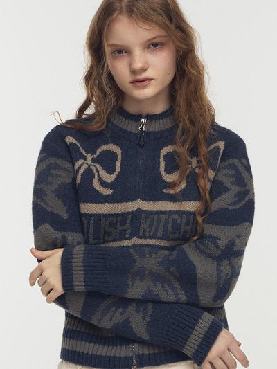 CPGN 2-Way Ribbon Crop Knit Zip-up Jacket [Navy]