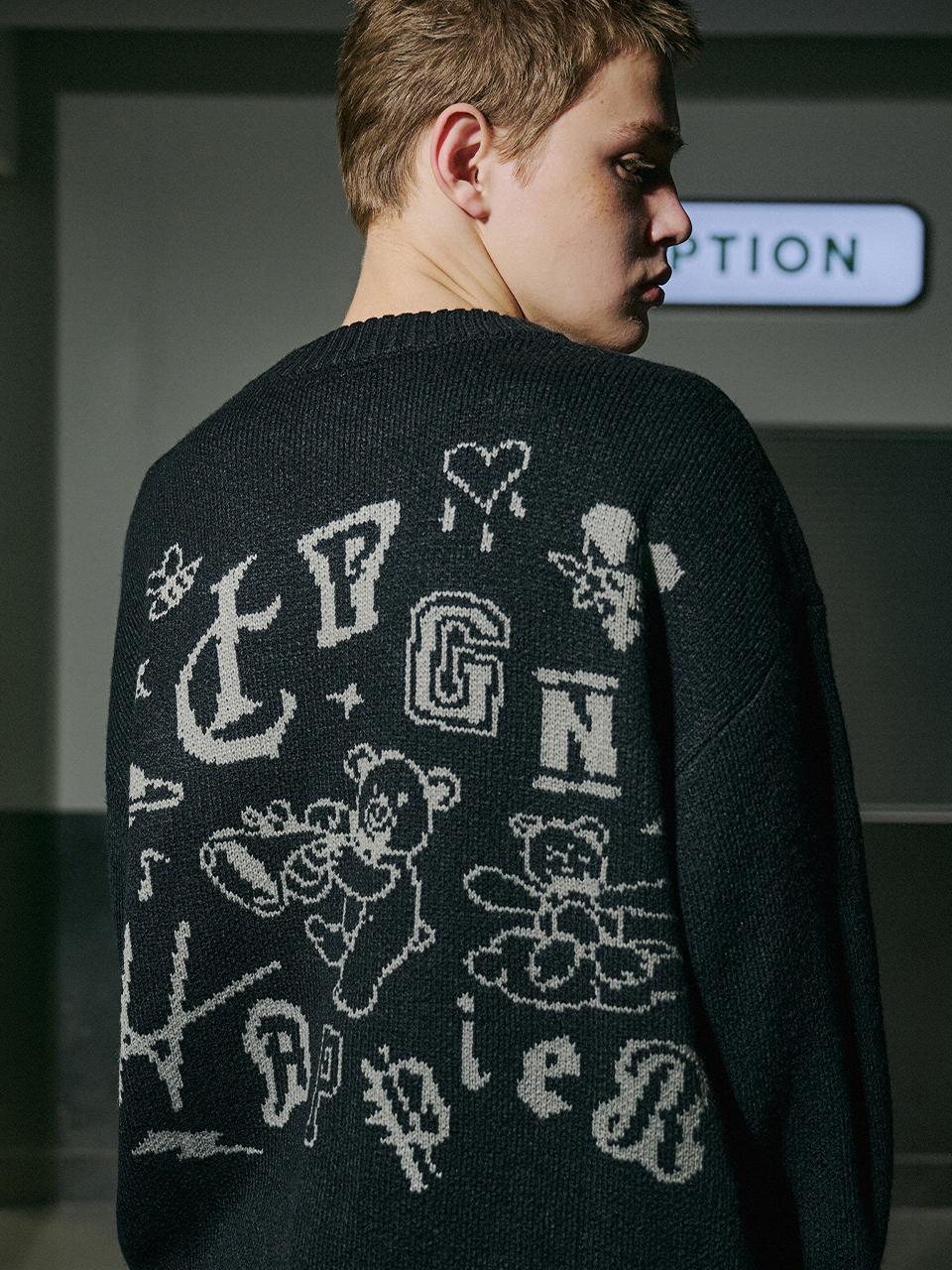 CPGN Doodle Pattern Round Cotton Blend Knitwear [Black]